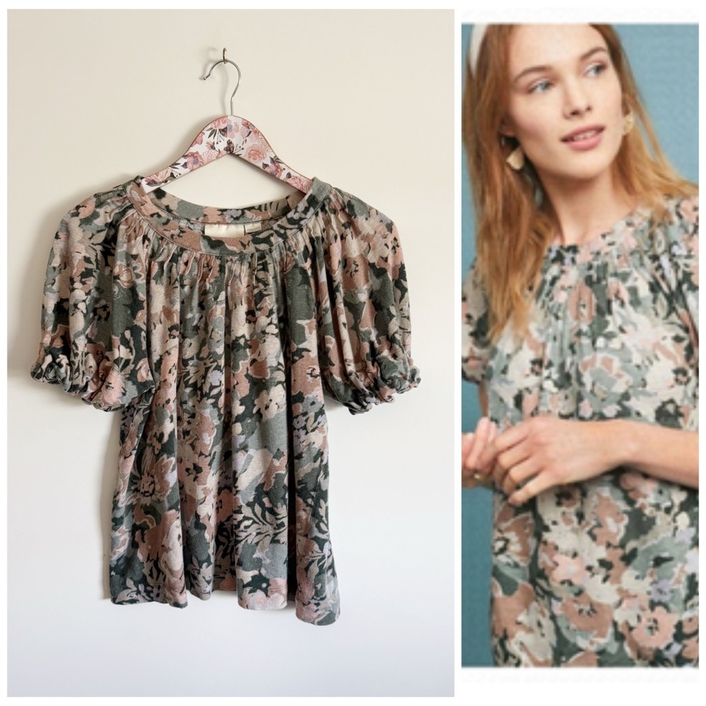 Anthropologie MAEVE Floral Linen Puff Sleeve Top Blouse Green Floral S Small